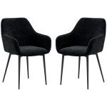Dining Chairs Set of 2, Velvet-look Fabric Upholstered Kitchen Chairs with Backrest, Armrests and Steel Legs, Black