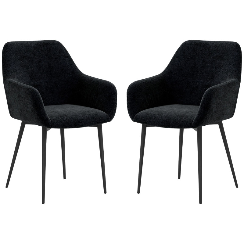 Dining Chairs Set of 2, Velvet-look Fabric Upholstered Kitchen Chairs with Backrest, Armrests and Steel Legs, Black