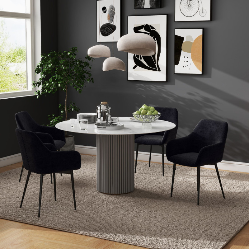 Dining Chairs Set of 2, Velvet-look Fabric Upholstered Kitchen Chairs with Backrest, Armrests and Steel Legs, Black