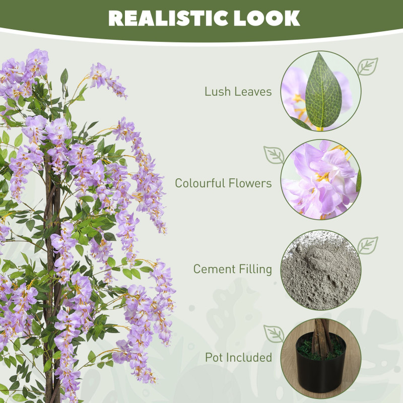 5.9FT Fake Wisteria Tree with Natural Wood Trunk, Artificial Plant in Nursery Pot, Greenery Tall Faux Floor Plant Purple