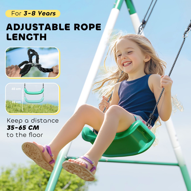 Qaba Metal Swing Set with Slide, Saucer Swing Seat, Heavy Duty A-Frame Stand and Adjustable Rope for Backyard, Dark Green