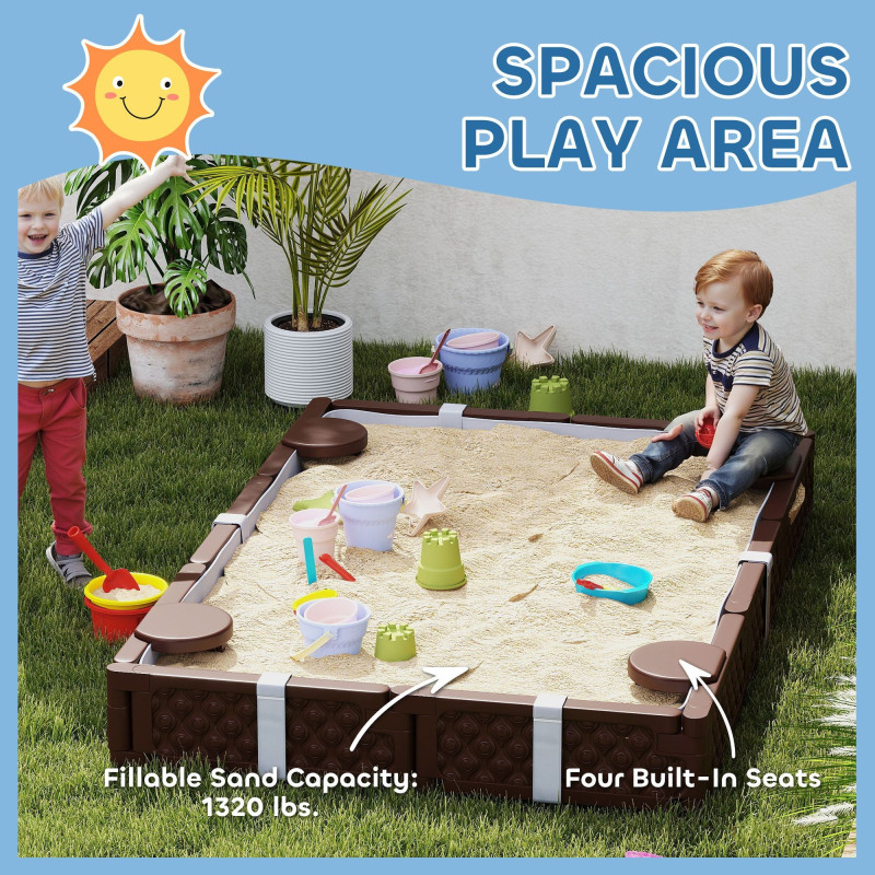 Qaba Kids Sandbox with Cover, 4 Corner Seats, Bottom Liner for Backyard, Garden, Outdoor, 73