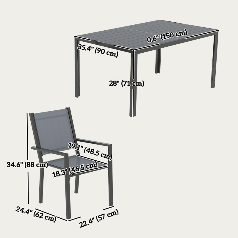 7 Piece Outdoor Dining Set with 6 Stackable Chairs, Rectangle Table, WPC Slatted Top, Rust-Resistant Steel Frame