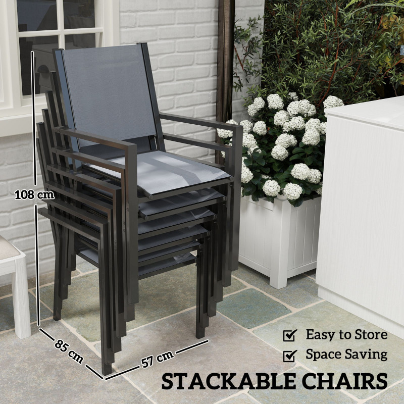 7 Piece Outdoor Dining Set with 6 Stackable Chairs, Rectangle Table, WPC Slatted Top, Rust-Resistant Steel Frame