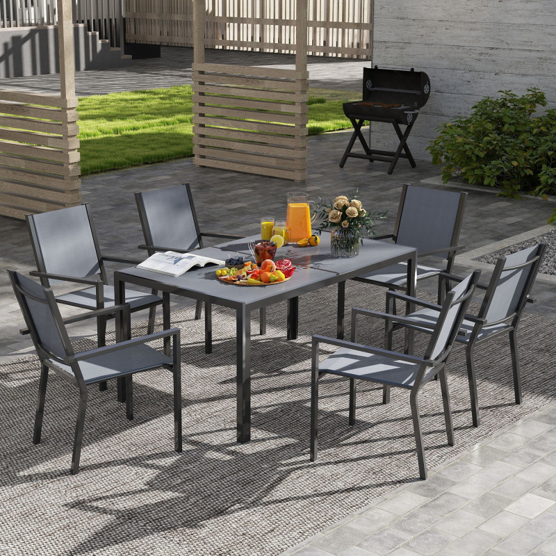 7 Piece Outdoor Dining Set with 6 Stackable Chairs, Rectangle Table, WPC Slatted Top, Rust-Resistant Steel Frame