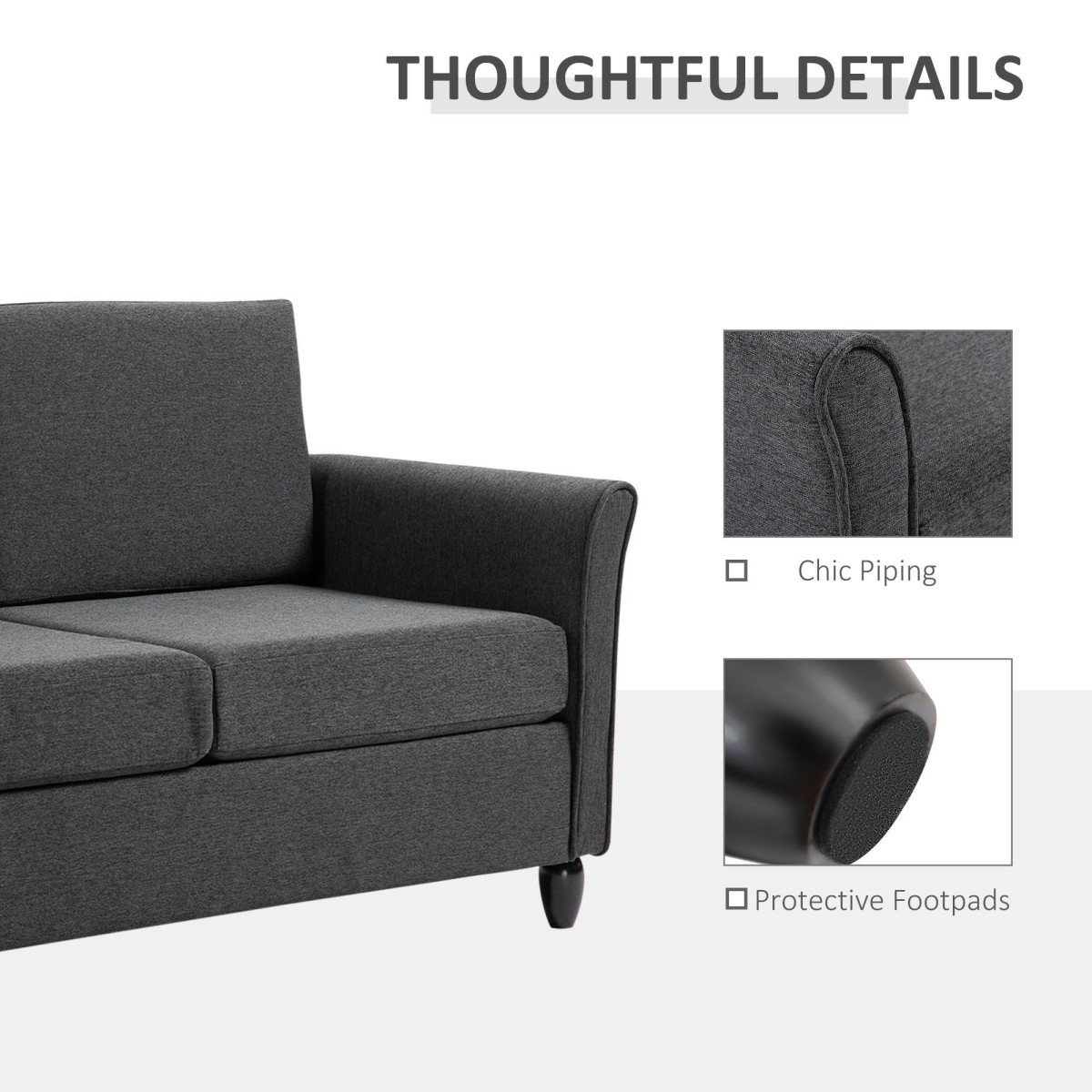 2-Seat Sofa Two-Seater Couch with Armrests and Wood Legs for Living Room, Bedroom, Dark Grey