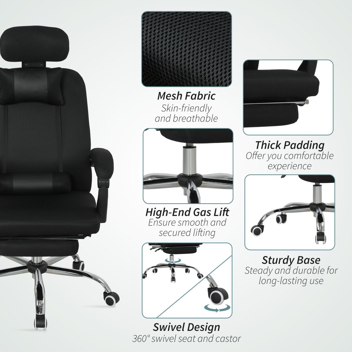 Ergonomic Executive High Back Office Chair with Footrest, Lumbar Support, Black