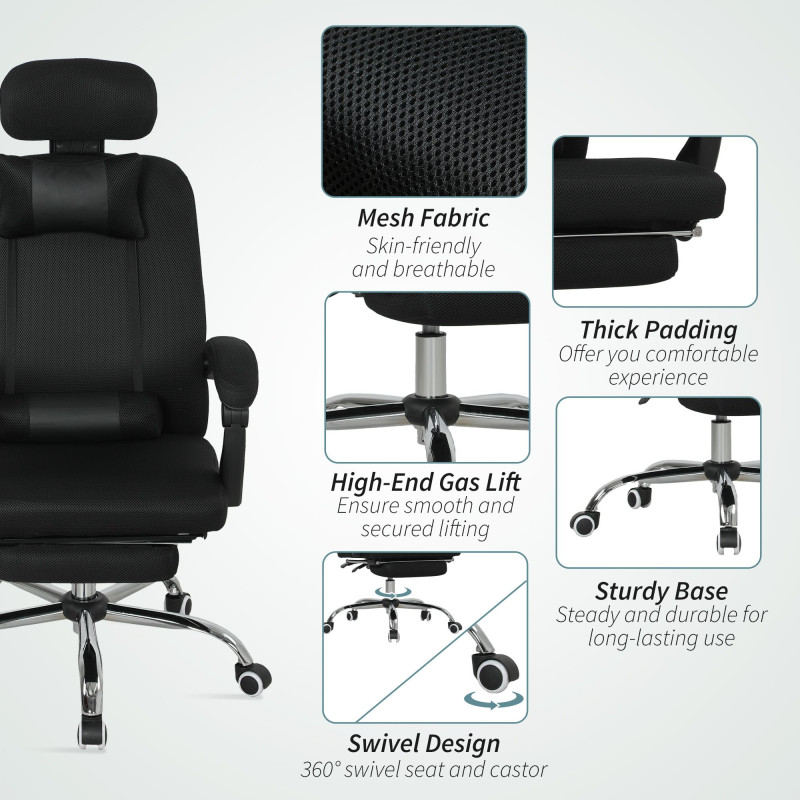 Ergonomic Executive High Back Office Chair with Footrest, Lumbar Support, Black