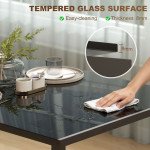Rectangular Kitchen Table for 4 People, Dining Table with Tabletop Tempered Glass for Dining Room, Living Room, Black