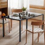 Rectangular Kitchen Table for 4 People, Dining Table with Tabletop Tempered Glass for Dining Room, Living Room, Black
