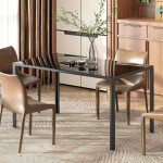 Rectangular Kitchen Table for 4 People, Dining Table with Tabletop Tempered Glass for Dining Room, Living Room, Black