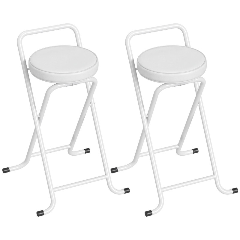 Foldable Bar Stools Set of 2, Folding Kitchen Chairs with PU Cushioned Seat, Footrest, White