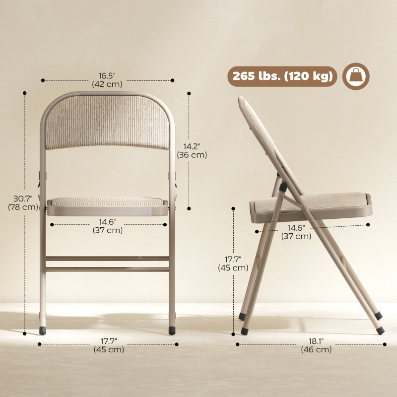 Set of 2 Metal Foldable Chairs, Linen Fabric Padded Folding Chairs with Cushion Seat and Open Back for Indoor, Beige