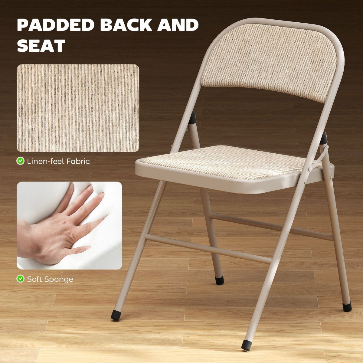 Set of 2 Metal Foldable Chairs, Linen Fabric Padded Folding Chairs with Cushion Seat and Open Back for Indoor, Beige