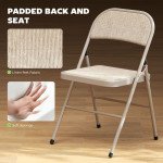 Set of 2 Metal Foldable Chairs, Linen Fabric Padded Folding Chairs with Cushion Seat and Open Back for Indoor, Beige