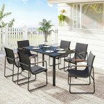 7 Pieces Outdoor Dining Set for 6, Glass Patio Table and Chairs with Decorative Armrests, All Weather Mesh, Black