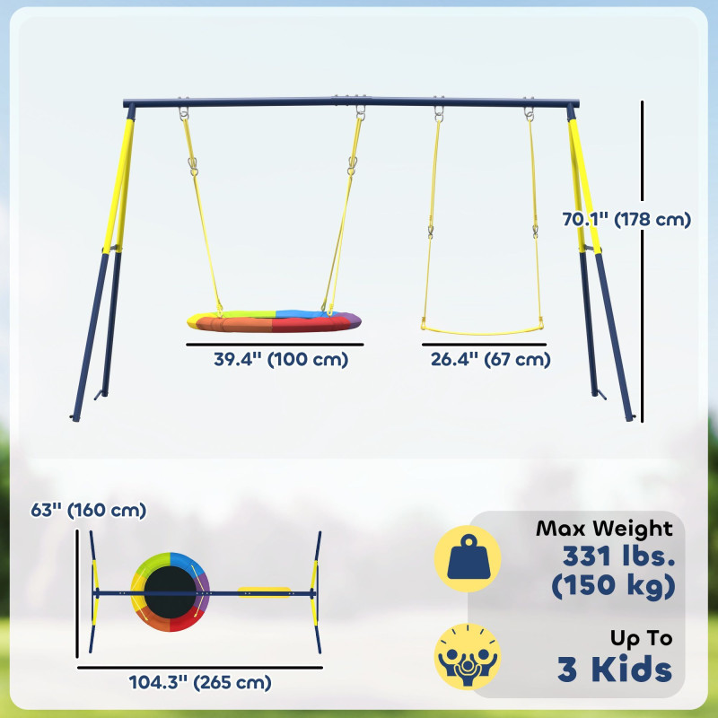 Qaba Kids Swing Set with Double Swings, Outdoor Playset with Adjustable Ropes, Metal Frame for Ages 3-8, 150kg Capacity