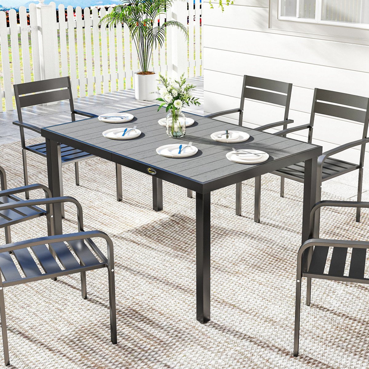 Rectangular Patio Table for 6, Outdoor Dining Table with Wood-Plastic Composite Top and Steel Frame for Garden, Grey