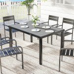 Rectangular Patio Table for 6, Outdoor Dining Table with Wood-Plastic Composite Top and Steel Frame for Garden, Grey