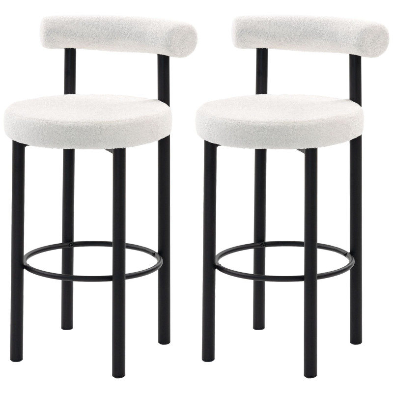 Bar Stools Set of 2, Sherpa Upholstered Barstools with Backrest, Bar Height Stools with Footrest for Kitchen Island
