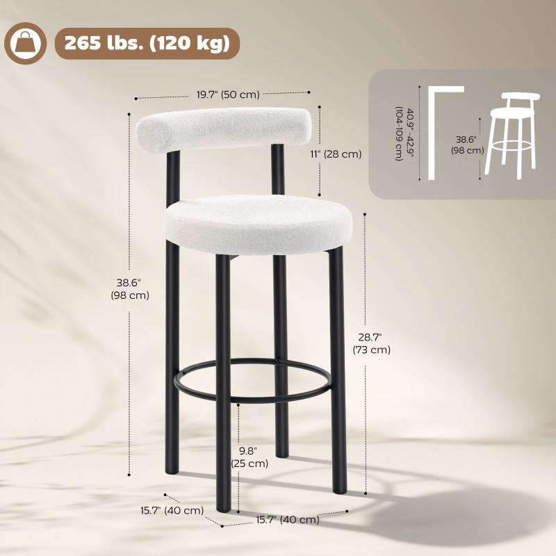 Bar Stools Set of 2, Sherpa Upholstered Barstools with Backrest, Bar Height Stools with Footrest for Kitchen Island