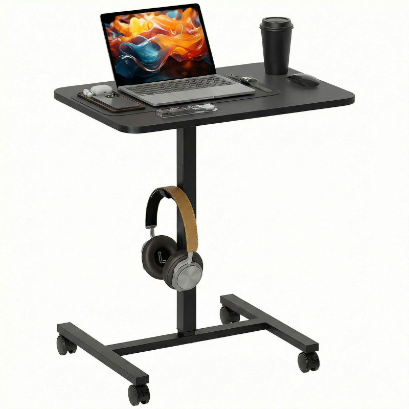 Height Adjustable Standing Desk, Pneumatic Sit Stand Desk with Wheels and Headphone Hook, Black Wood Grain