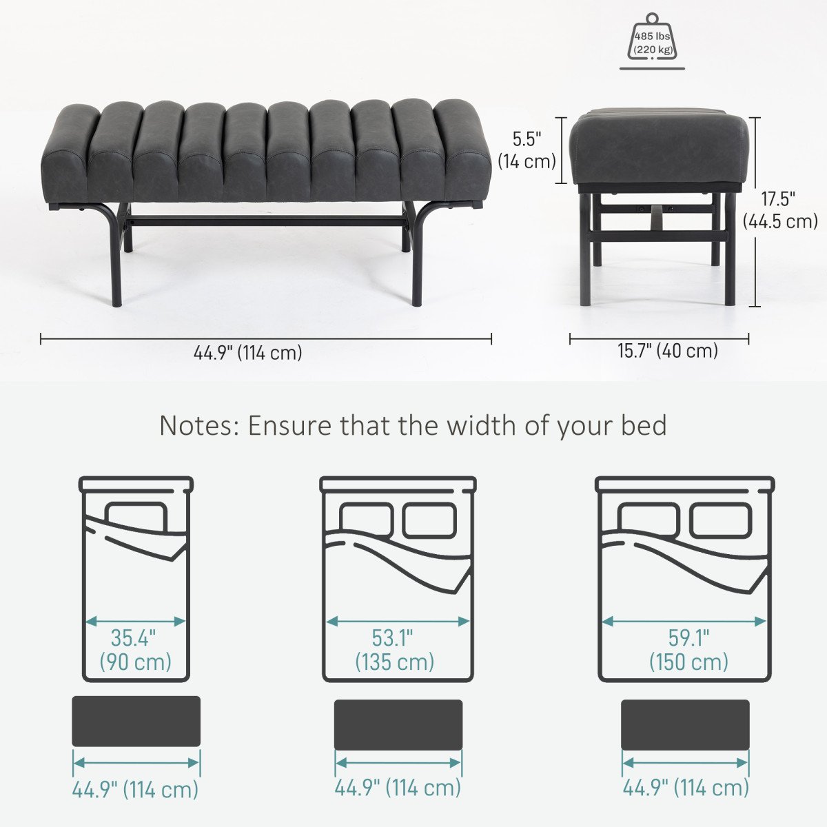 Bedroom Bench PU Leather End of Bed Bench with Cylindrical Seat and Metal Legs for Bedroom Living Room Hallway Black