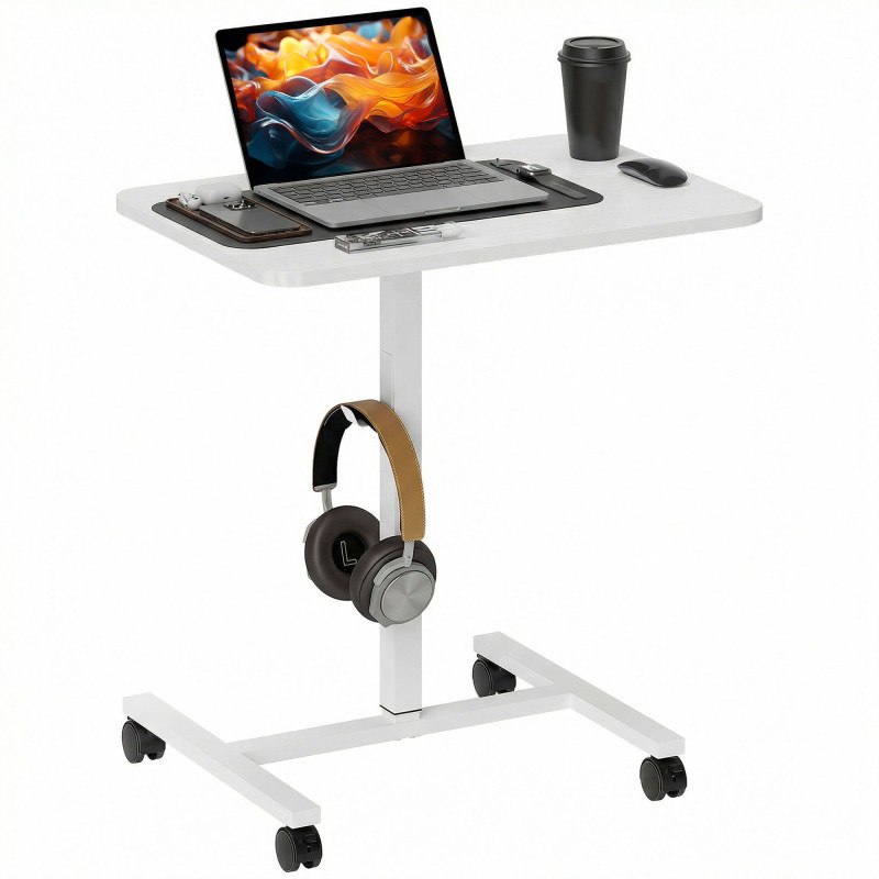Height Adjustable Standing Desk, Pneumatic Sit Stand Desk with Wheels and Headphone Hook, White Wood Grain