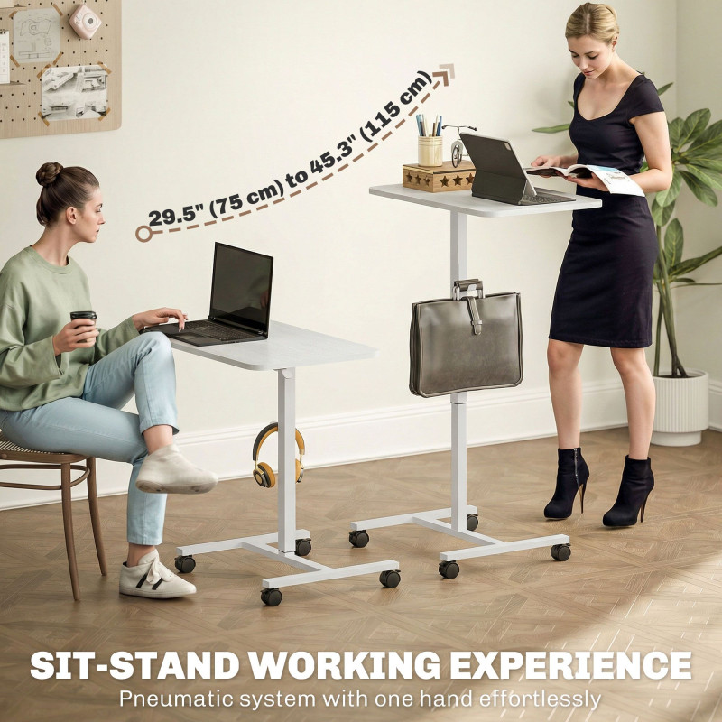 Height Adjustable Standing Desk, Pneumatic Sit Stand Desk with Wheels and Headphone Hook, White Wood Grain