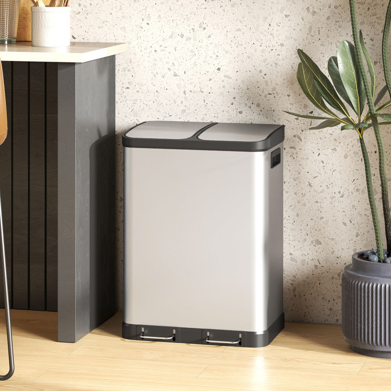 Kitchen Garbage Bin, 2 x 7.9 Gal (2 x 30 L) Trash Can, Soft-Close Garbage Can with Removable Inner Buckets, Silver