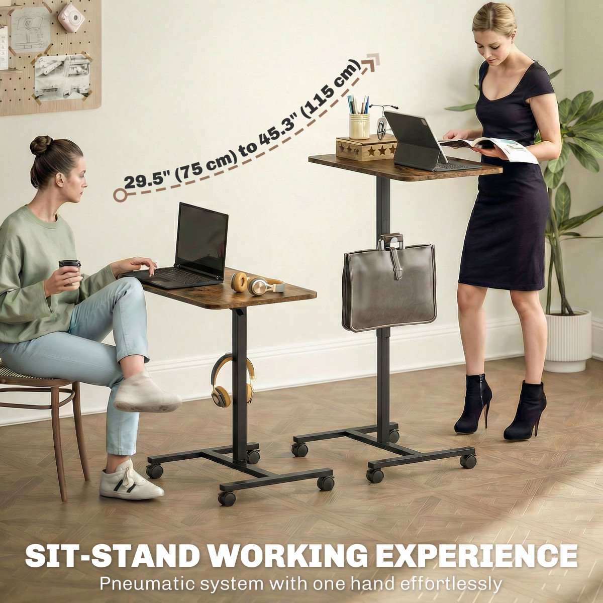 Height Adjustable Standing Desk, Pneumatic Sit Stand Desk with Wheels and Headphone Hook, Rustic Brown