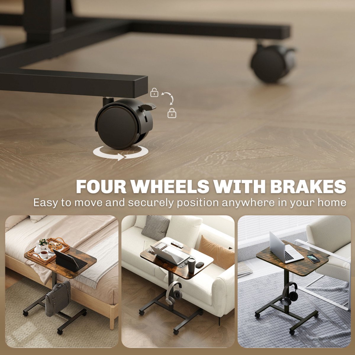 Height Adjustable Standing Desk, Pneumatic Sit Stand Desk with Wheels and Headphone Hook, Rustic Brown