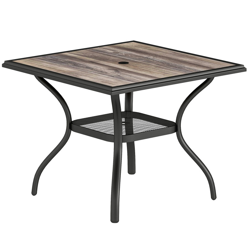 Outdoor Dining Table for 4, Square Patio Table with Umbrella Hole, Shelf, Faux Wood Top for Garden, Backyard, Grey