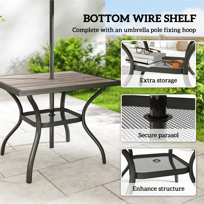 Outdoor Dining Table for 4, Square Patio Table with Umbrella Hole, Shelf, Faux Wood Top for Garden, Backyard, Grey