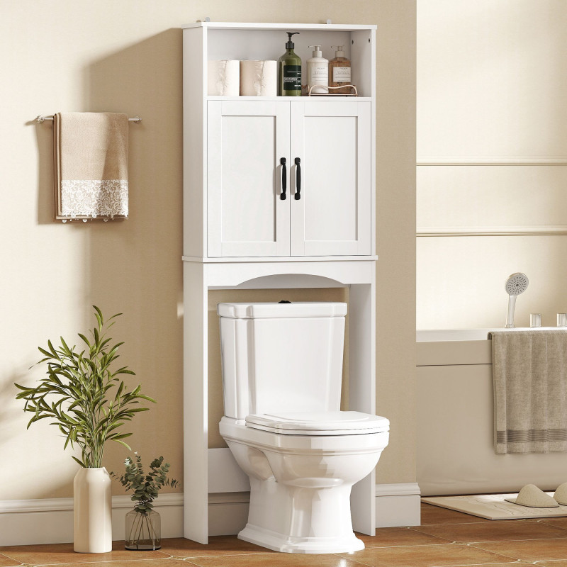 Over the Toilet Storage Cabinet Freestanding Bathroom Organizer with 2 Doors and Open Shelf White