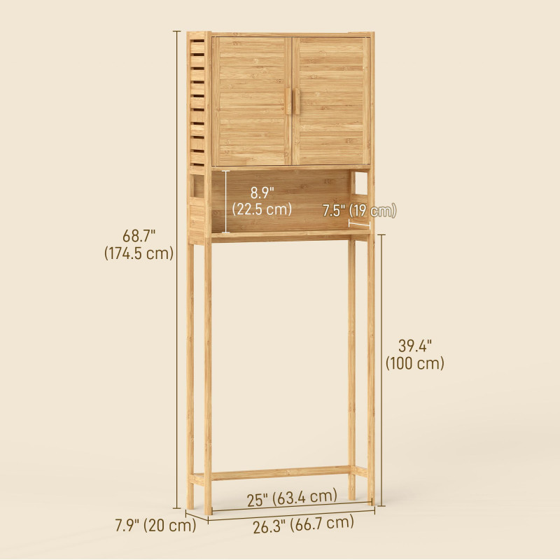 Over the Toilet Cabinet, Bathroom Organizer with 2 Doors, Open Compartment and Adjustable Shelf, Natural Wood Finish