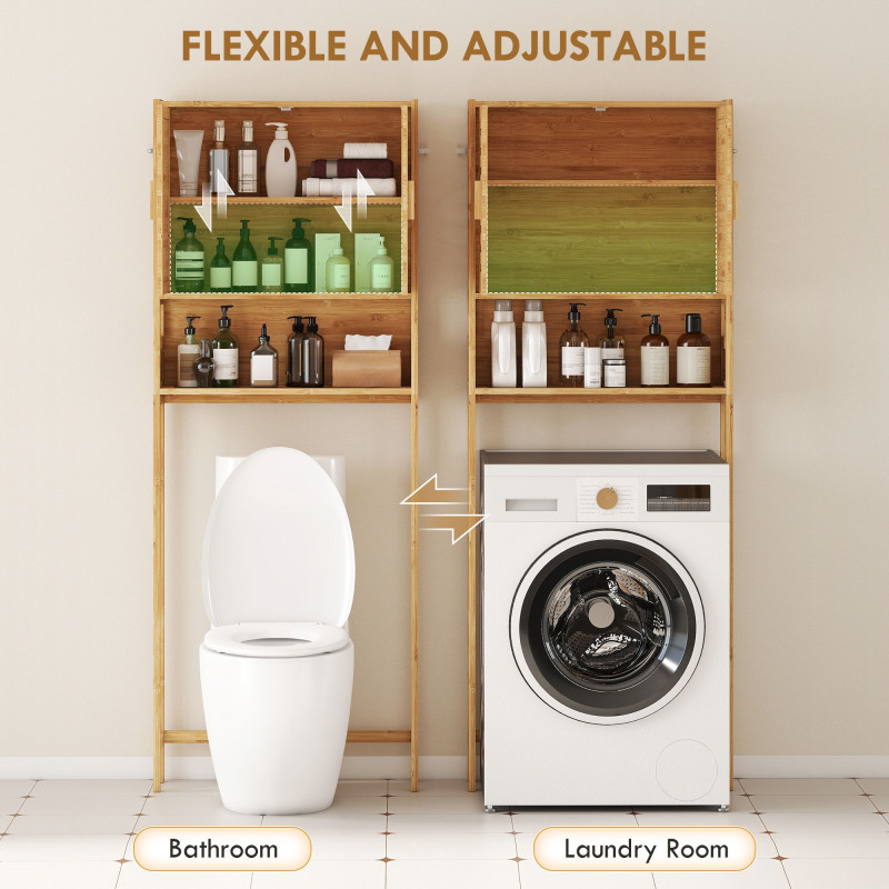 Over the Toilet Cabinet, Bathroom Organizer with 2 Doors, Open Compartment and Adjustable Shelf, Natural Wood Finish