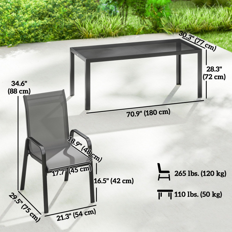 9 Pieces Patio Set with Stackable Chairs, Patio Dining Set with Glass Top for Garden, Patio, Backyard, Dark Grey