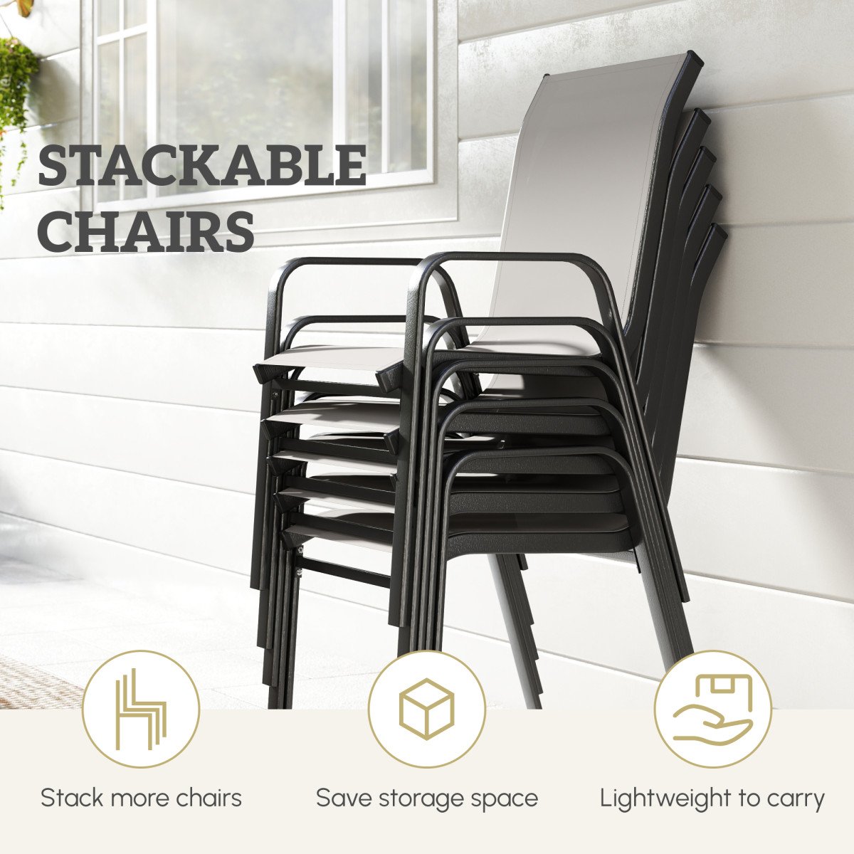 9 Pieces Patio Set with Stackable Chairs, Patio Dining Set with Glass Top for Garden, Patio, Backyard, Dark Grey