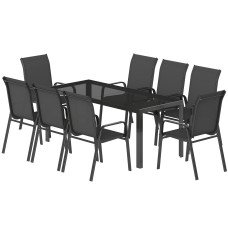 9 Pieces Patio Set with Stackable Chairs, Patio Dining Set with Glass Top for Garden, Patio, Backyard, Black