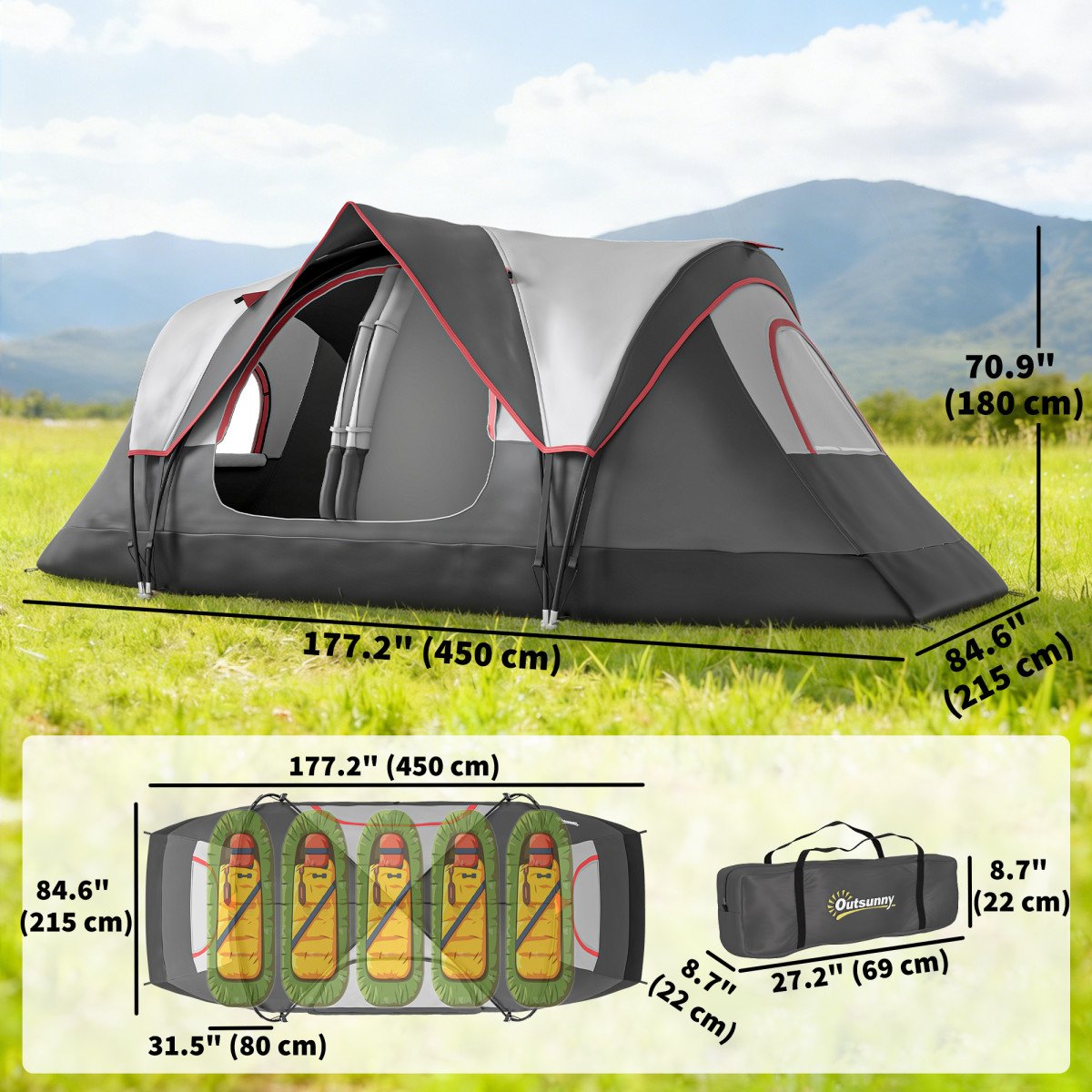 Camping Tent for 6-8 Man with 2000mm Waterproof Rainfly and Carry Bag for Fishing Hiking Festival, Dark Grey