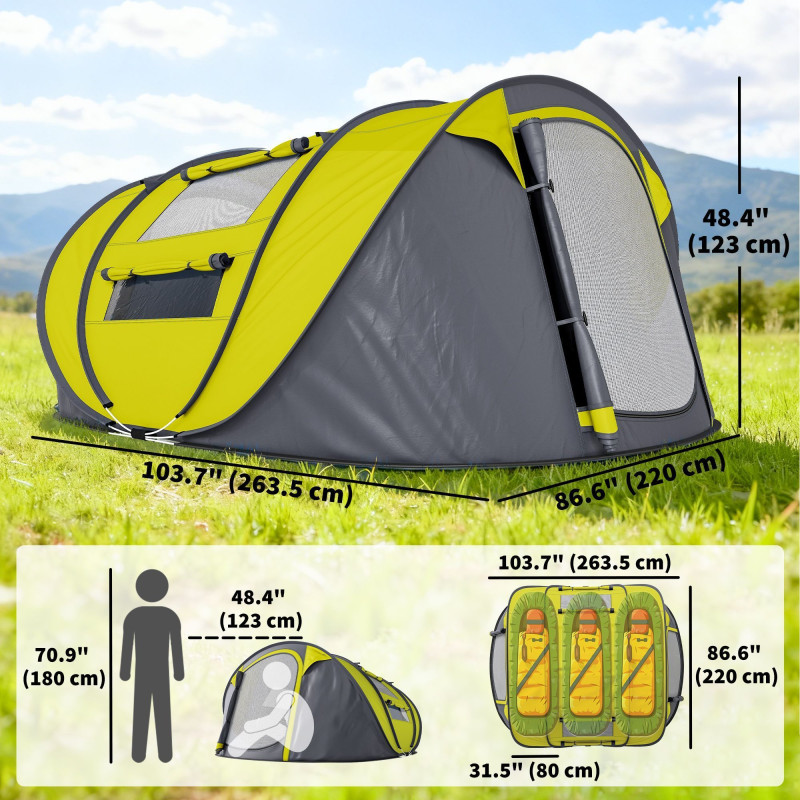 4 Person Camping Tent, Easy Pop Up Tent with Doors, Windows and Carry Bag, Automatic Setup Tent for Hiking, Yellow