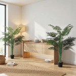 5FT Artificial Palm Tree Set of 2, Fake Tropical Tree with Lifelike Leaves, Faux Plant in Pot for Indoor Decoration, Green