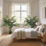 4FT Artificial Palm Tree Set of 2, Fake Tropical Tree with Lifelike Leaves, Faux Plant in Pot for Indoor Decoration, Green