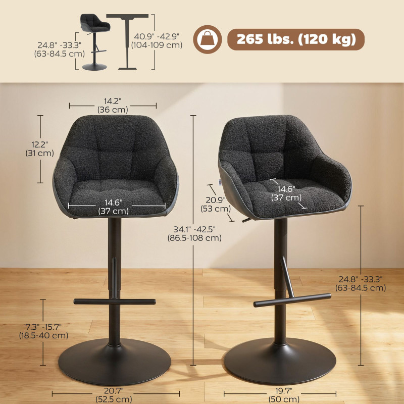 Bar Stools Set of 2, Swivel Counter Height Barstools with Back, Footrest, Armrests, Adjustable Height, Black