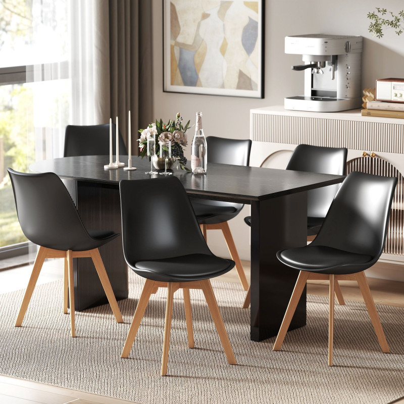 Modern Dining Table Chairs Set of 6, Rubber Wood Kitchen Table Chairs with PU Leather Cushion for Living Room, Bedroom