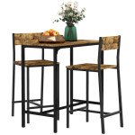 Industrial Bar Table Set Counter Height 3 Piece and 2 High Back Stools Set Dining Table Set Rustic Brown