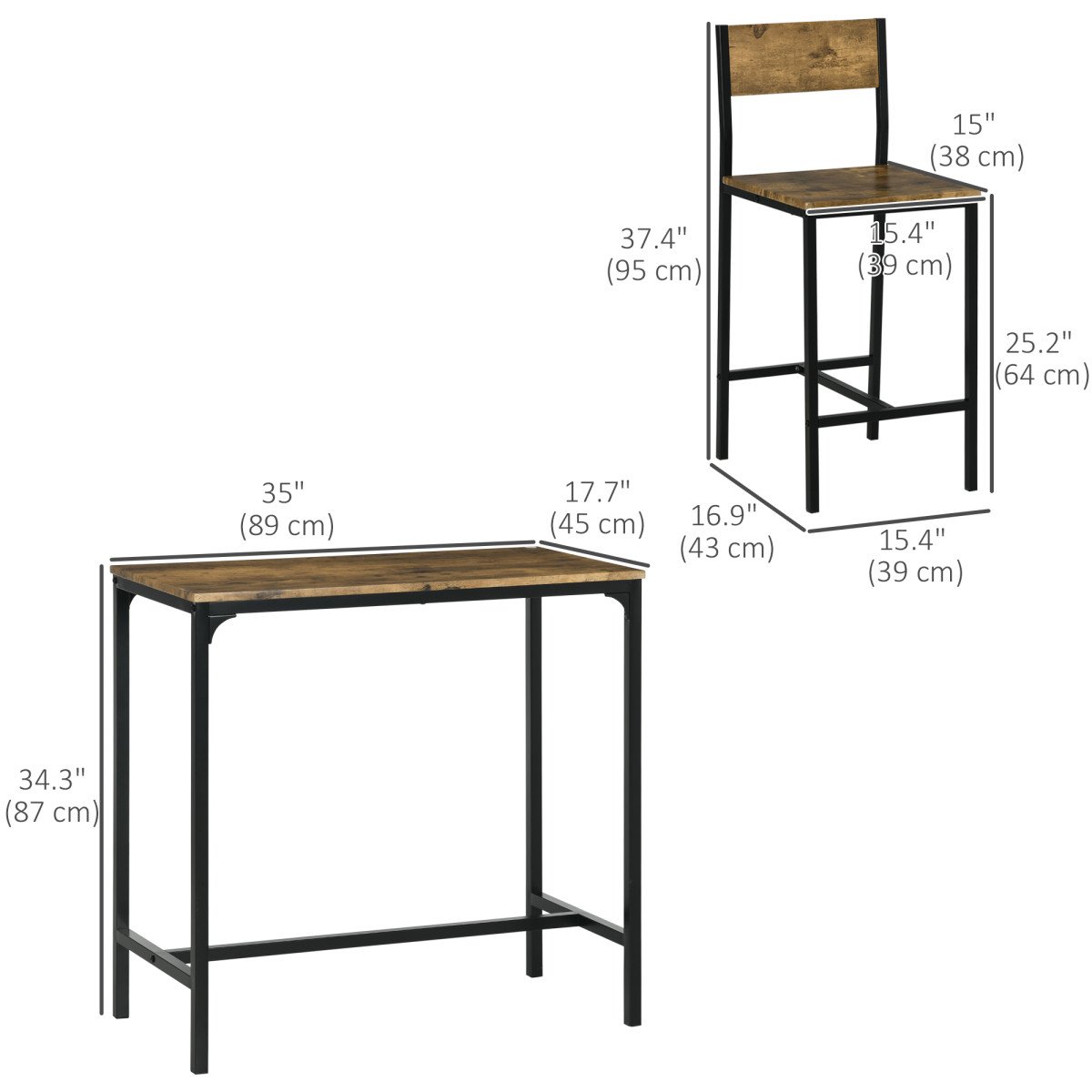 Industrial Bar Table Set Counter Height 3 Piece and 2 High Back Stools Set Dining Table Set Rustic Brown