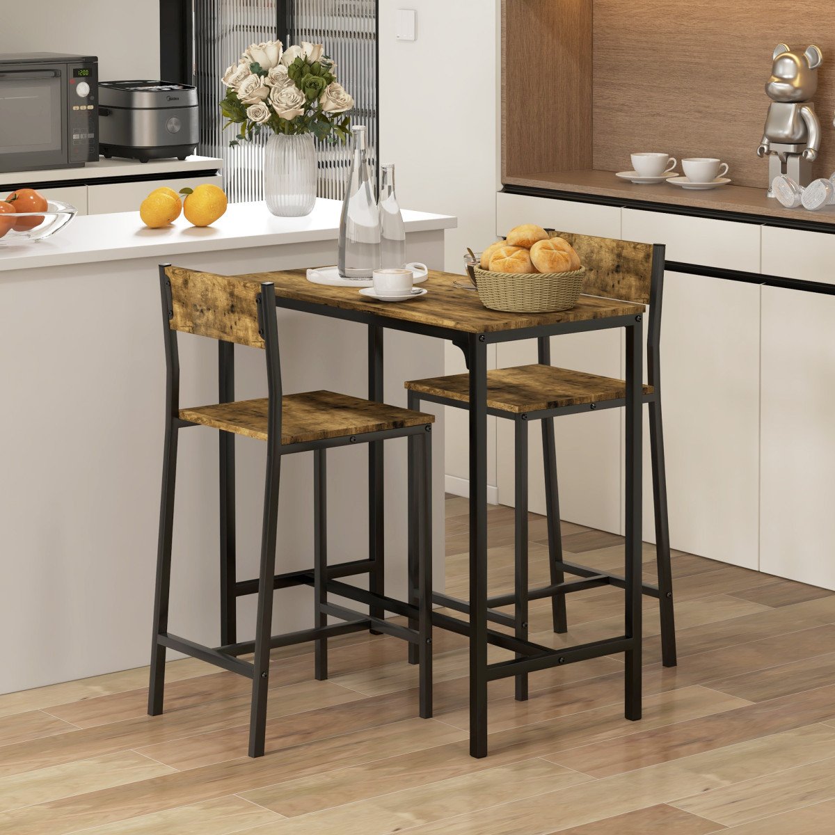 Industrial Bar Table Set Counter Height 3 Piece and 2 High Back Stools Set Dining Table Set Rustic Brown