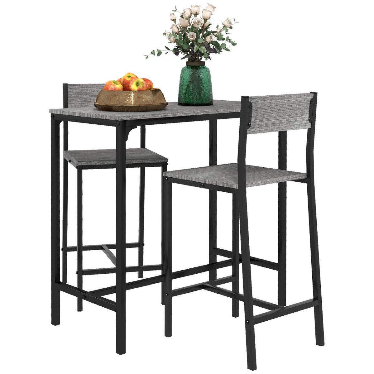 Industrial Bar Table Set Counter Height 3 Piece and 2 High Back Stools Set Dining Table Set Grey
